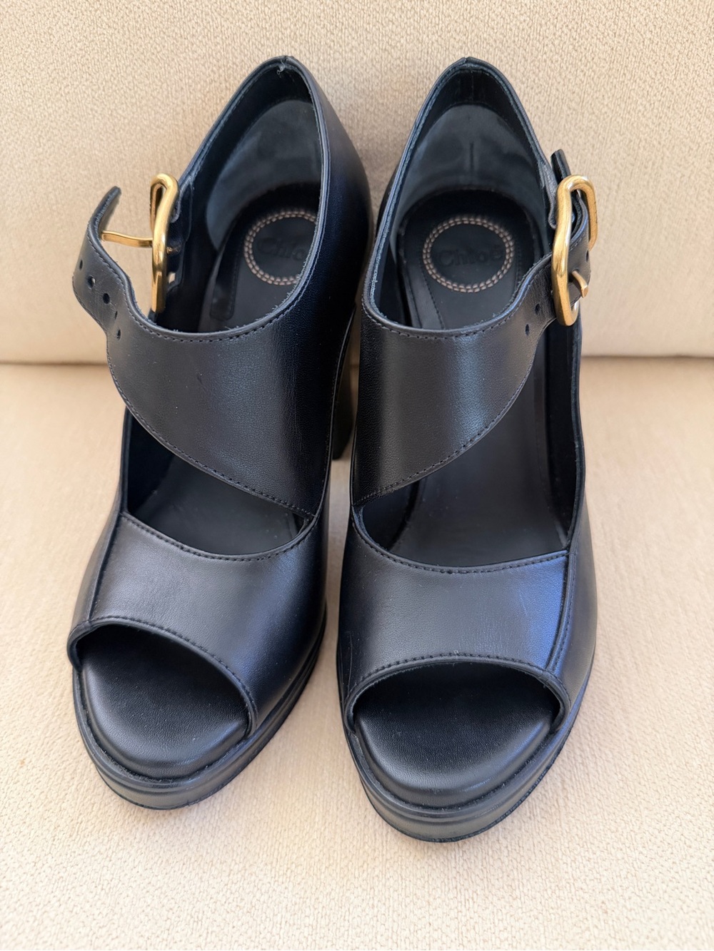 Chloe Black Leather Platform Mary Jane Pumps/Heels with Gold Buckle